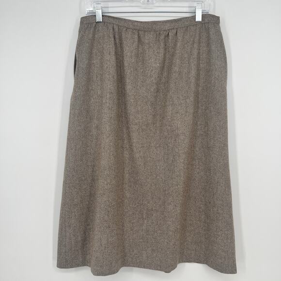 Vtg Country Suburbans Wool Tweed Midi Skirt Sz16 A-Line Brown Herringbone Pocket - Picture 2 of 11